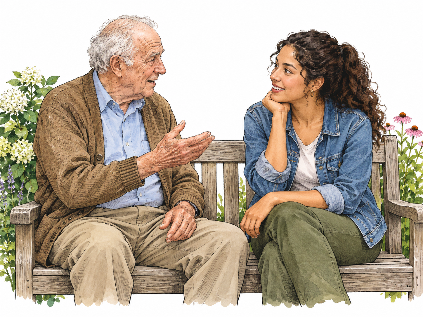 An elderly white man speaks with a young Latina woman on a garden bench, natural reciprocal attention.