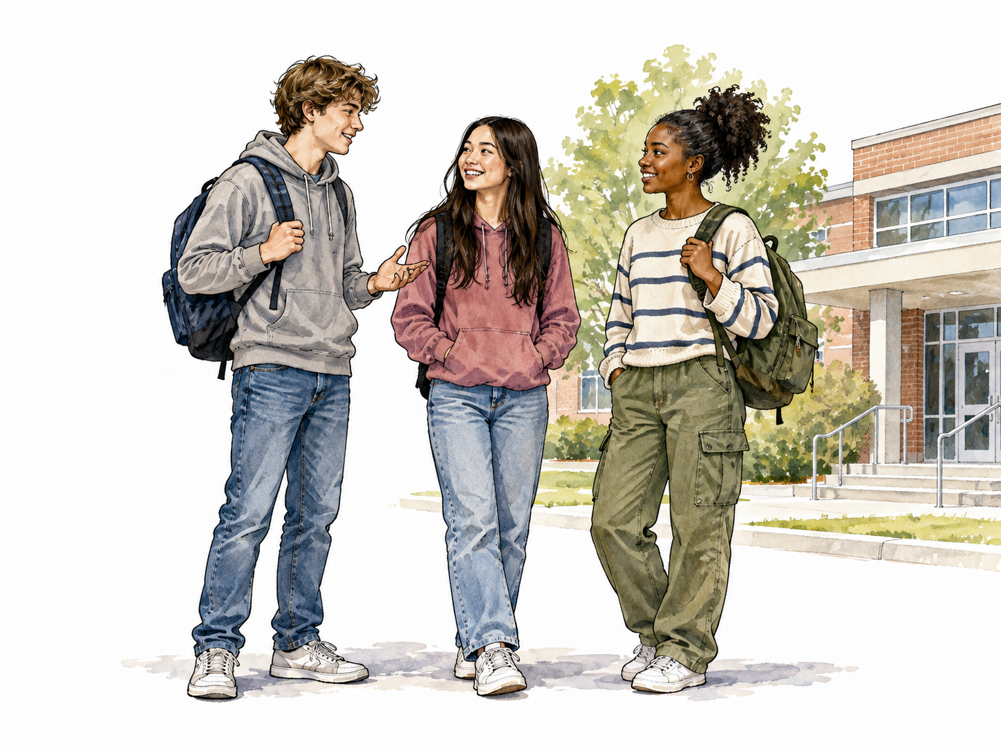 Three teenagers of varied ethnicities, clearly adolescent, chatting with backpacks near school.