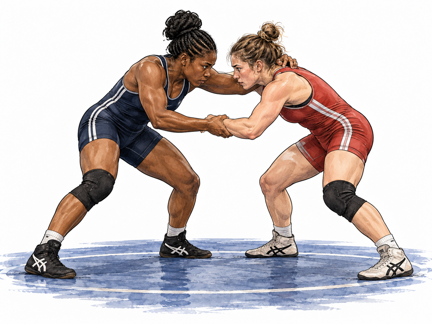 Black woman and white woman athletes grappling on wrestling mat in balanced realistic stances and sportswear.