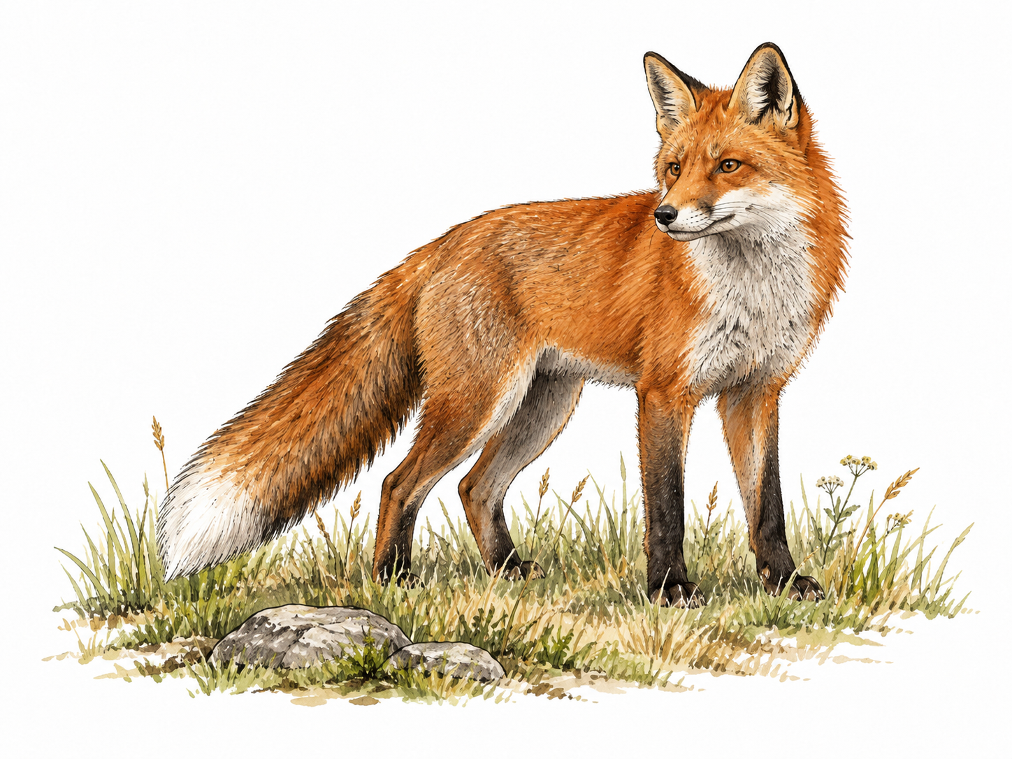 A realistic red fox standing alert in meadow, bushy white-tipped tail.