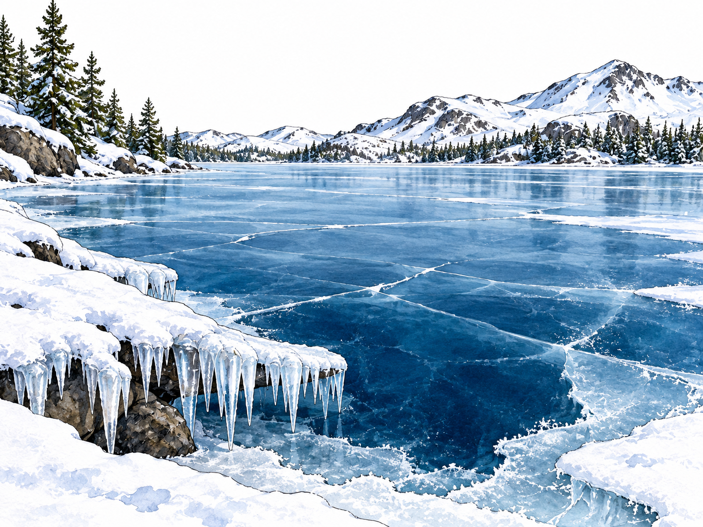 A deep blue frozen lake edged with snow and sharp icicles, visibly extreme cold.