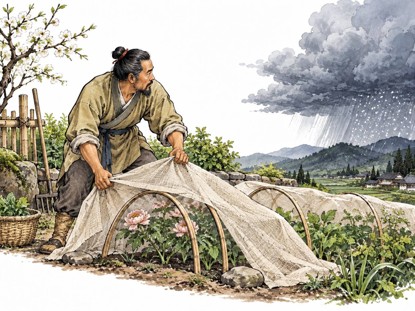 East Asian gardener protects delicate plants just before hail arrives from distant storm, anticipatory knowledge.