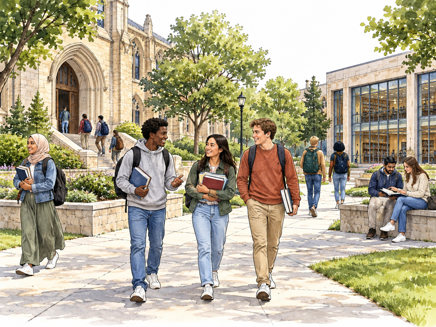 A university courtyard with lecture hall, library and students carrying books; ethnically varied young adults.