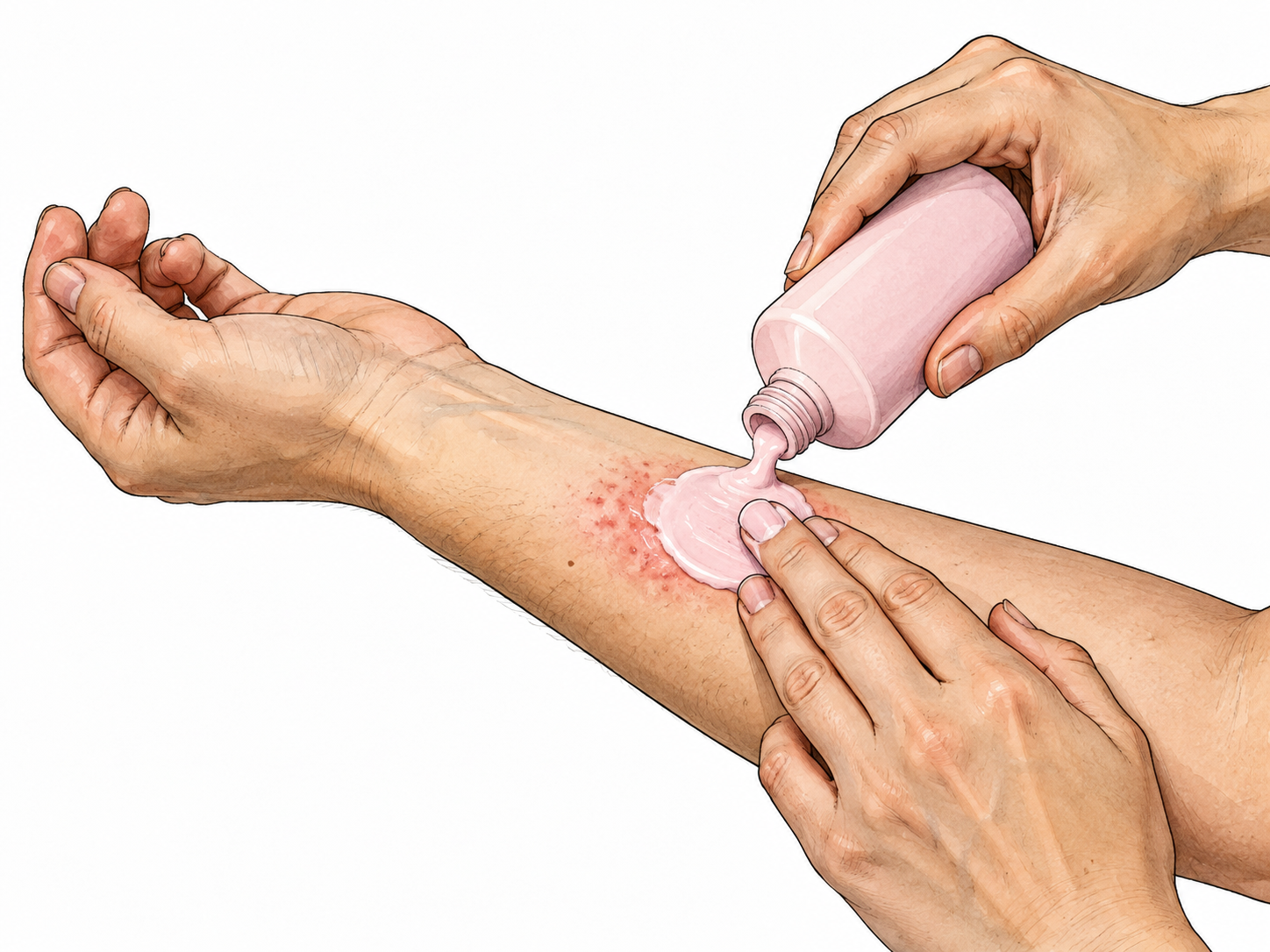 Hand applying opaque pink lotion from plain bottle to small itchy red patch on opposite forearm, no labels.