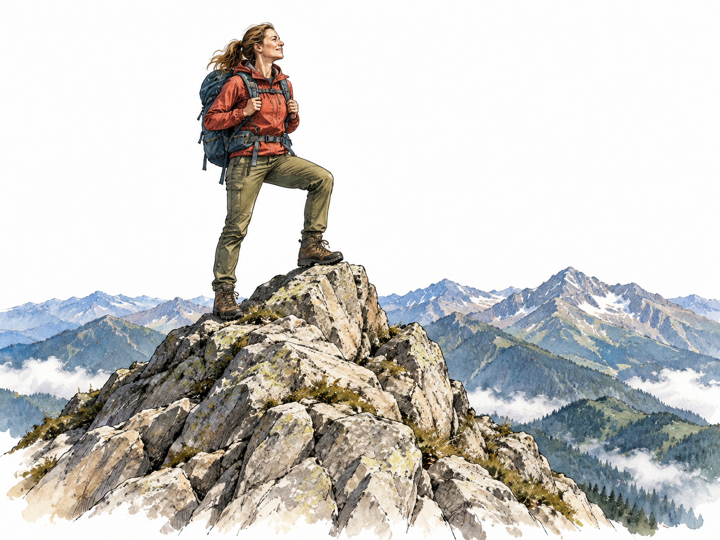 White woman climber on highest rocky peak above lower ridges with backpack.