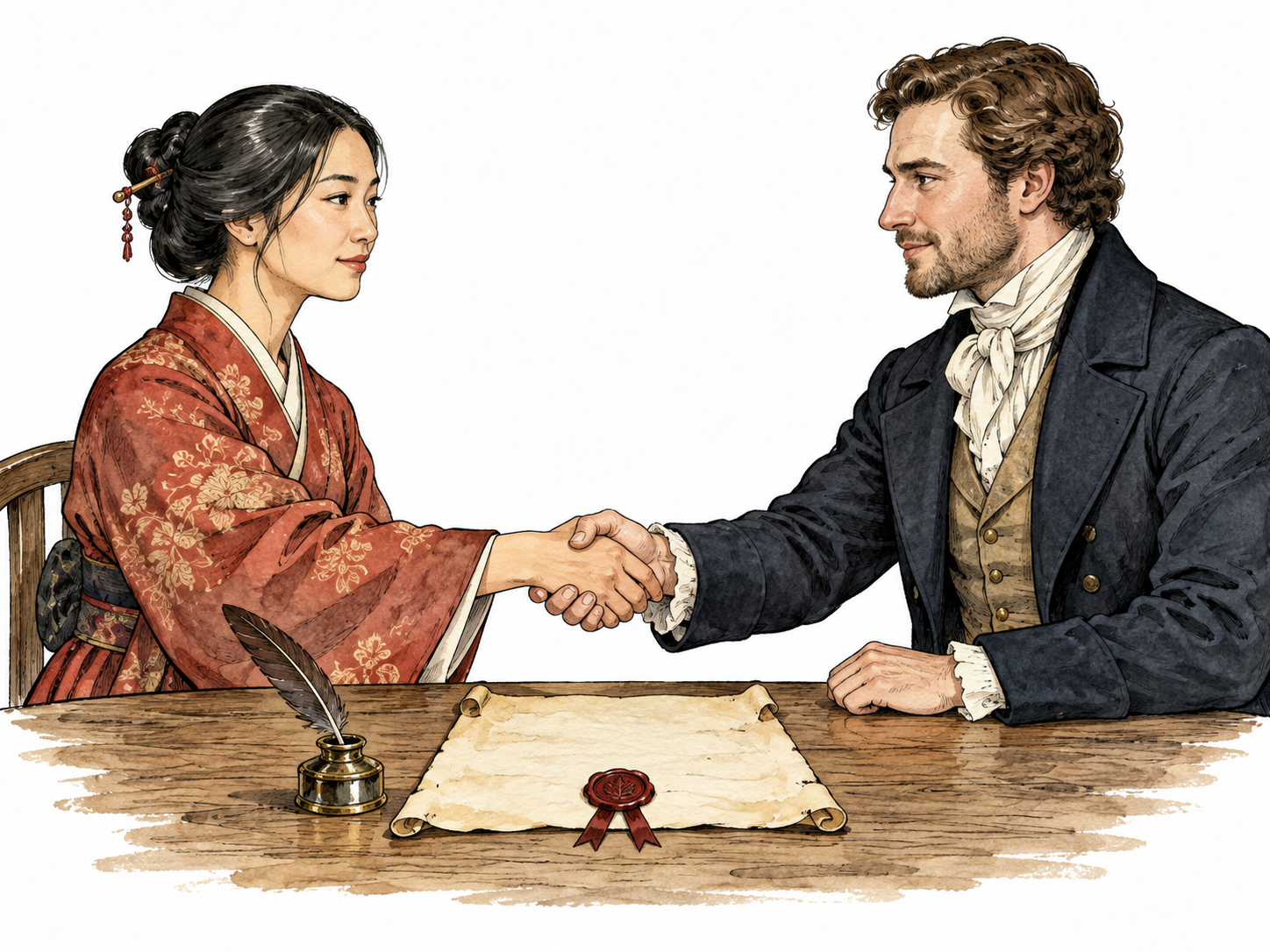 East Asian woman and white man solemnly clasp hands over signed parchment with wax seal, formal agreement no readable text.