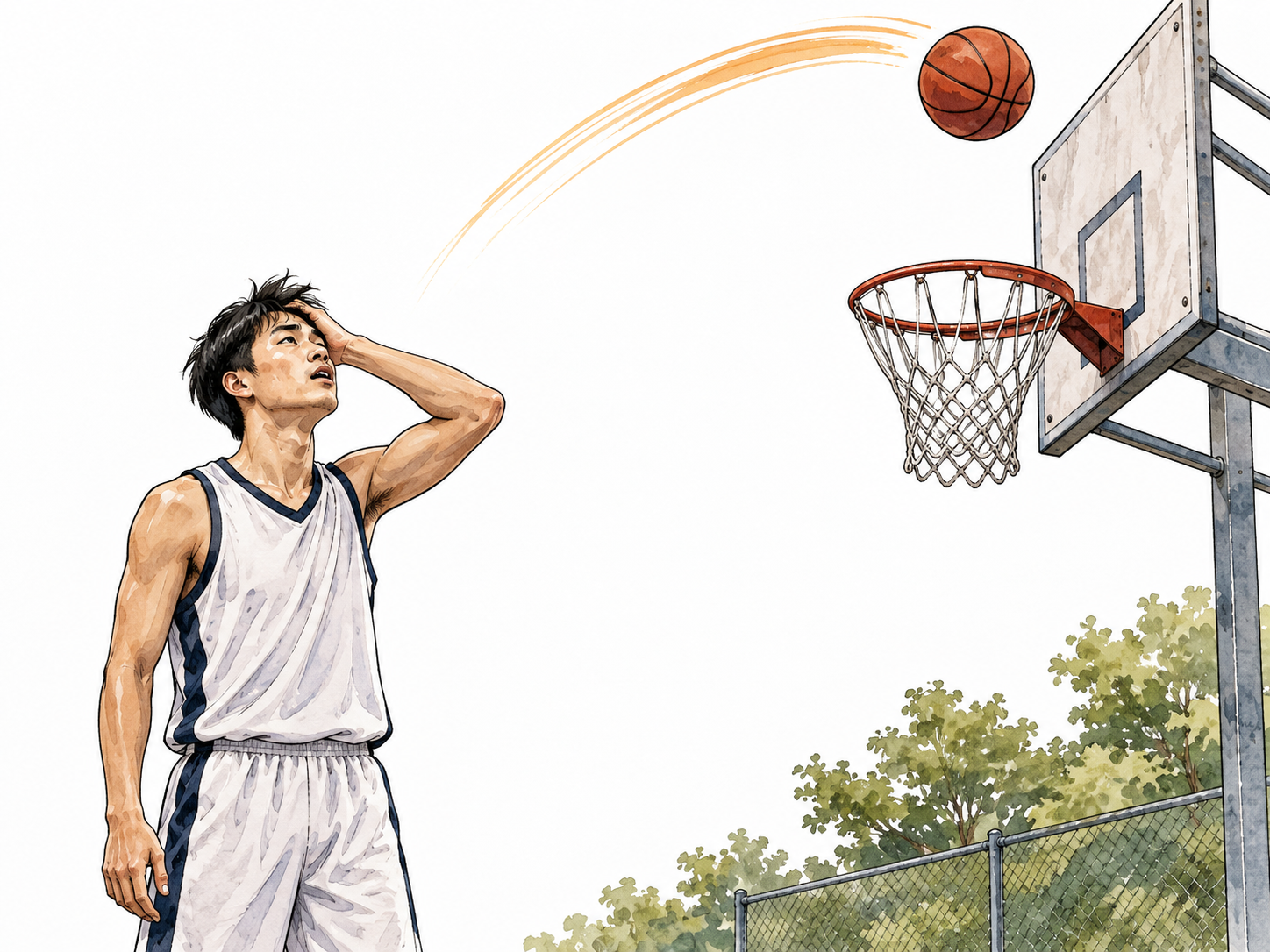 East Asian basketball player watches ball miss hoop outside rim, disappointed expression.