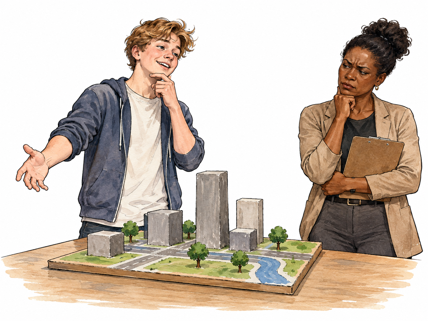A shallow school project model of a complex city made of just a few crude blocks, teenage white presenter overly confident and thoughtful Black teacher unimpressed; simplistic content.