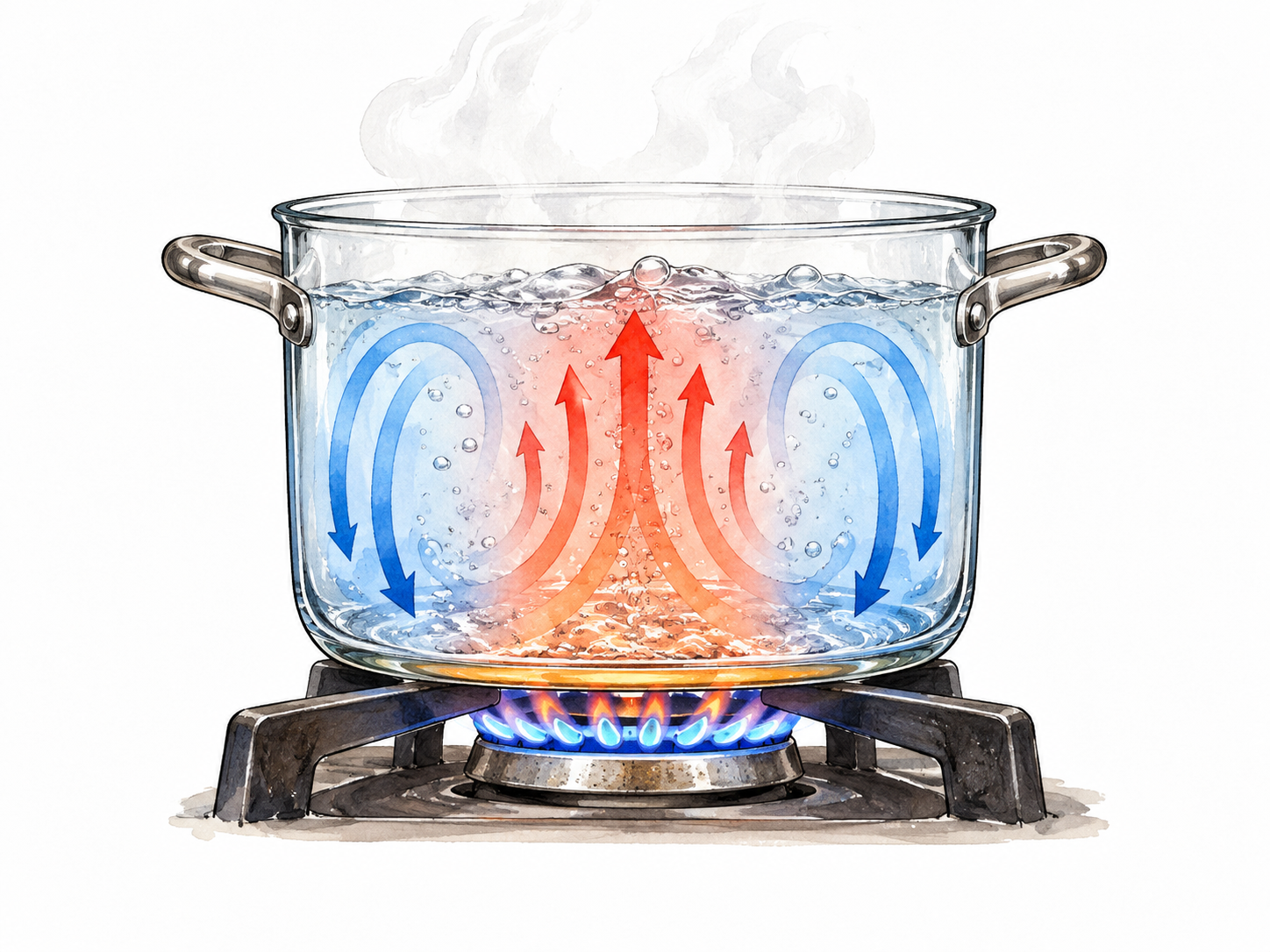 A glass pot heating above a flame, translucent red rising current in center and blue sinking currents at sides, subtle arrowheads, no labels.