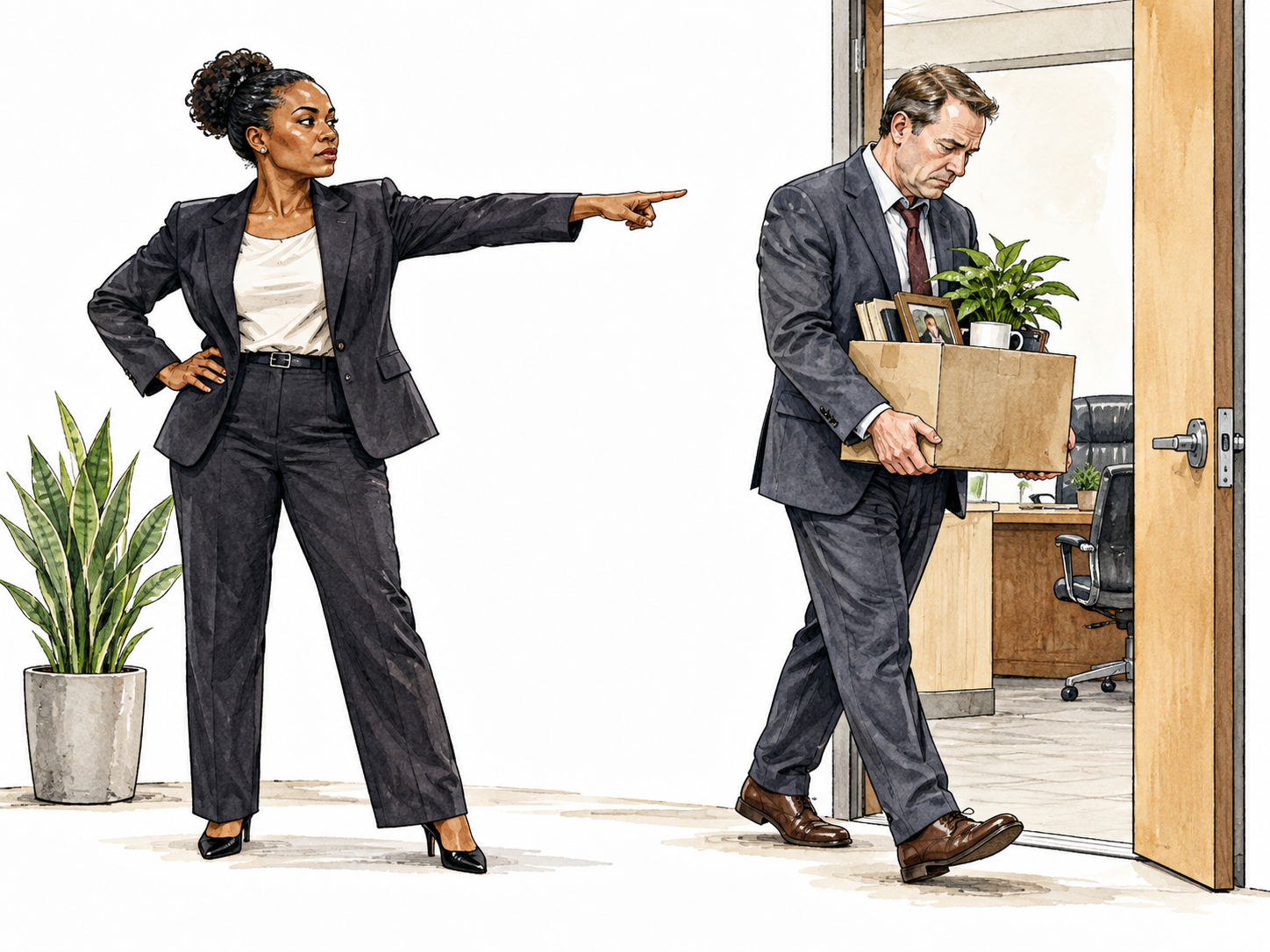 White male executive carries box of belongings out of office as Black female manager firmly indicates exit, ousting.