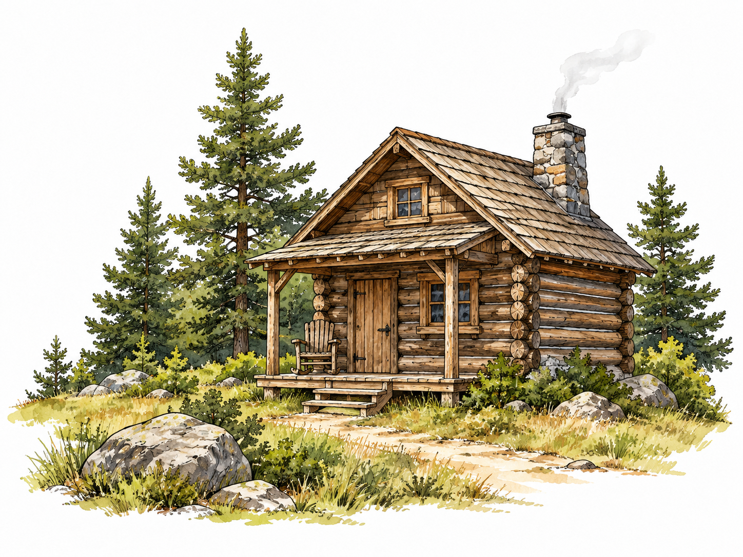 A small log cabin in a pine clearing, chimney and simple wooden porch.