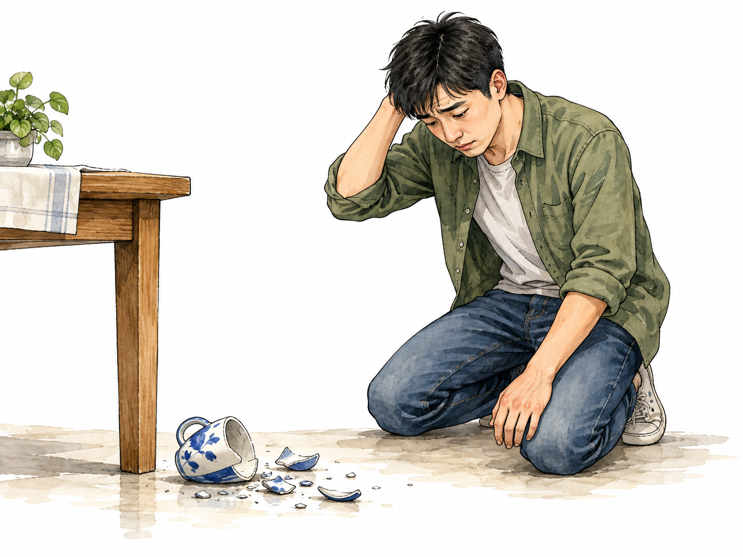 A young East Asian man looks remorseful at a broken mug he knocked off the table.