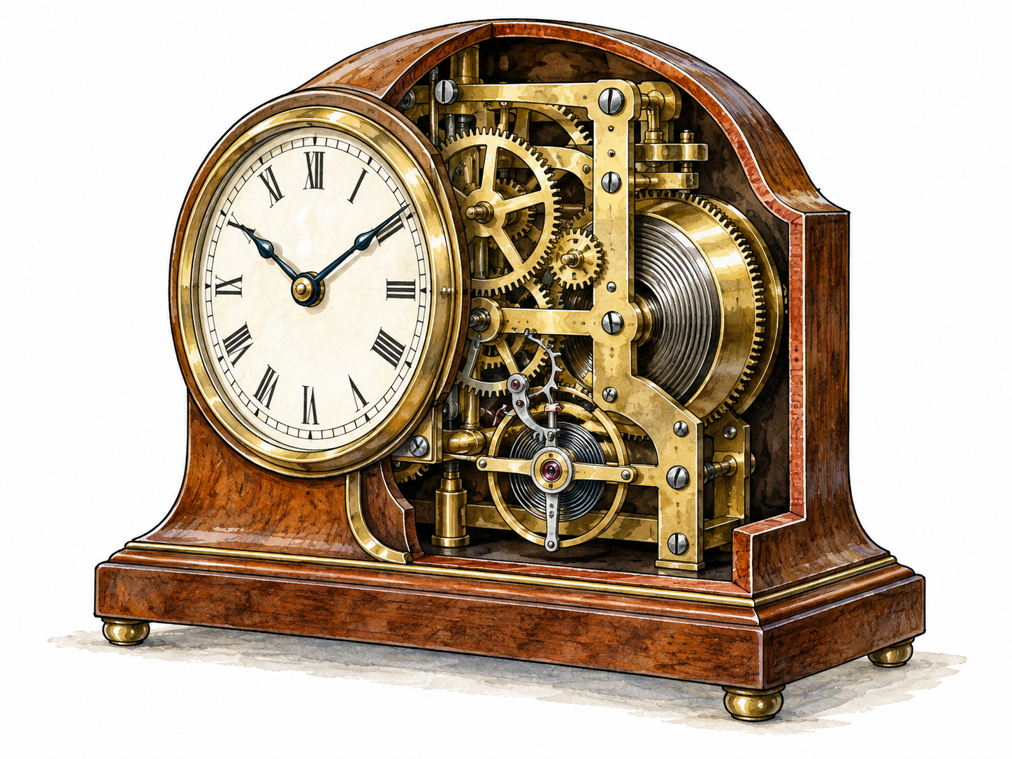 A cutaway mechanical clock exposes gears entirely inside its outer casing.