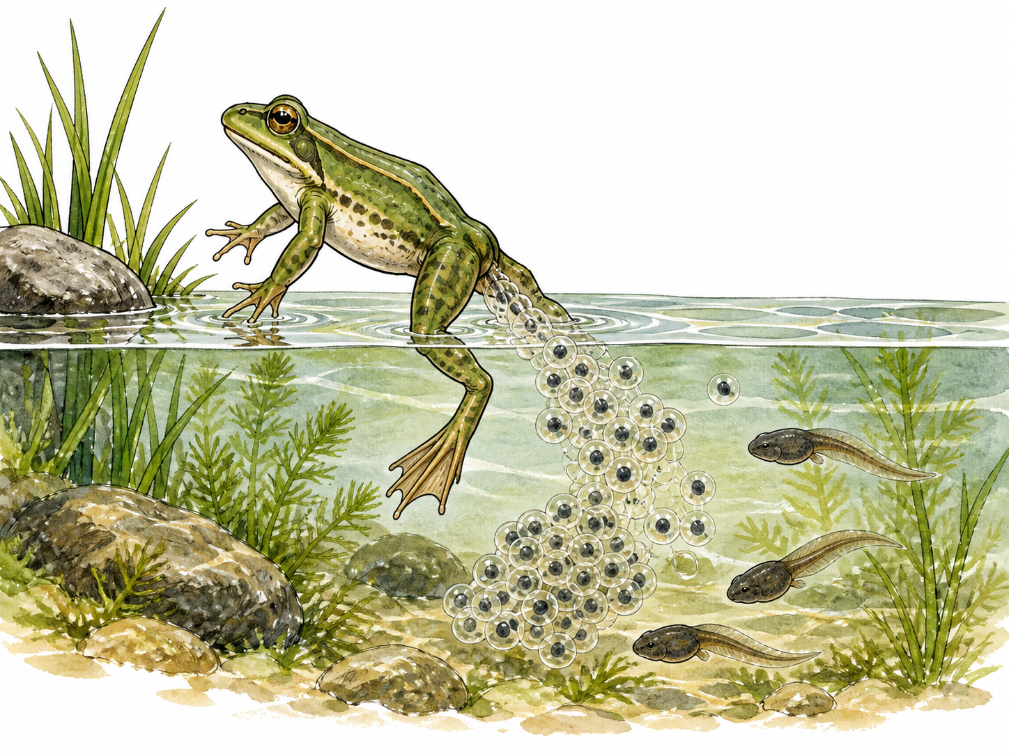 A frog releasing clusters of transparent eggs into shallow pond water with a few tadpoles nearby, natural life-cycle generation.