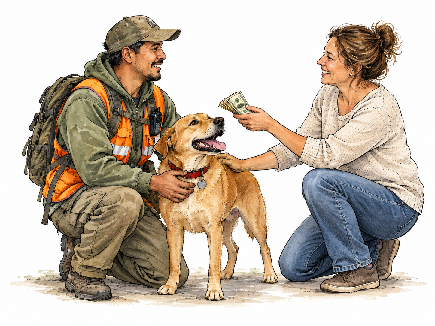 A Latino search volunteer returns a missing dog and receives a cash reward from its relieved owner.