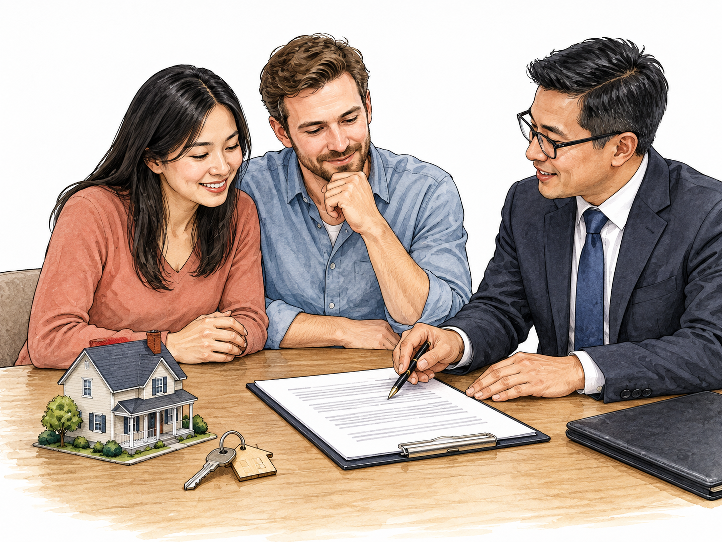 A homebuyer couple reviews a house loan document with a lender, miniature house and key beside contract, Asian woman and white man, no legible text.