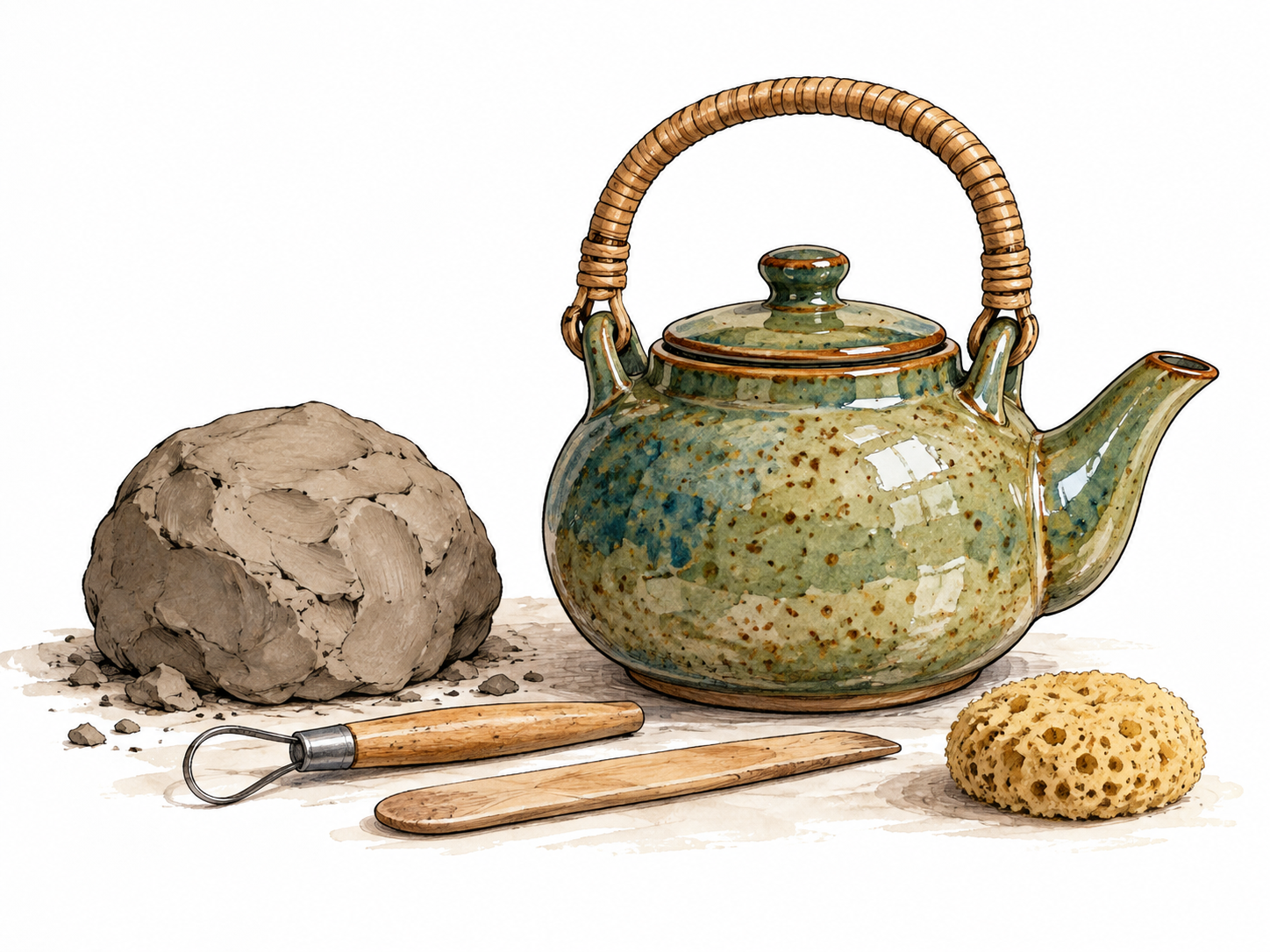 A finished ceramic kettle displayed beside its clay and simple tools, a made object ready for sale.