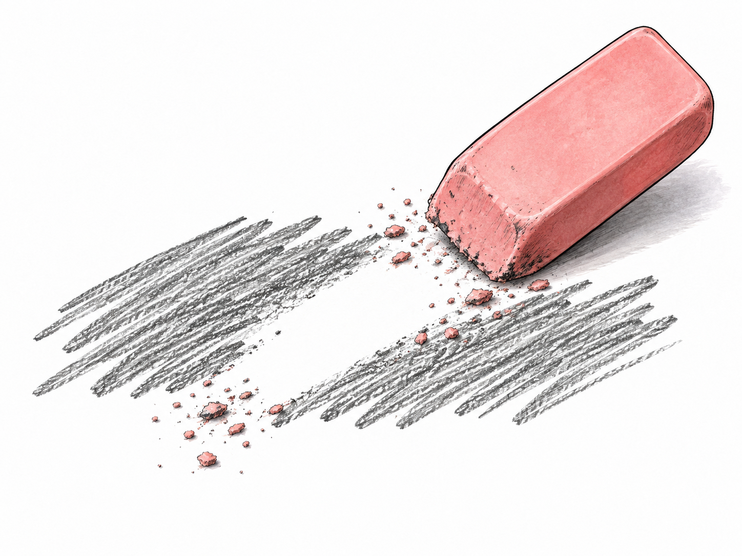 A rubber eraser removes a section of pencil marks from paper leaving a clean blank gap and crumbs, no legible text.