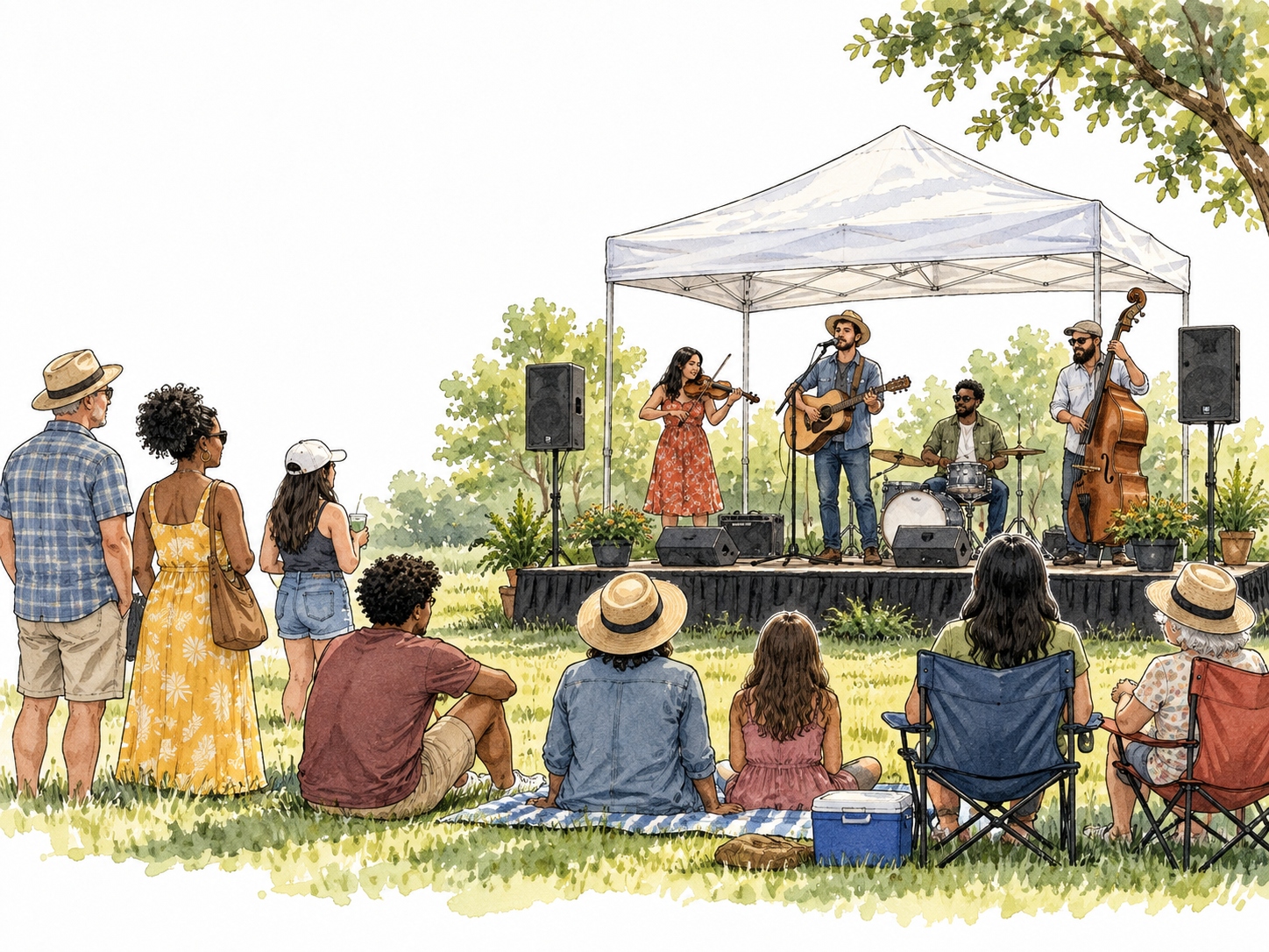 A town outdoor concert event with a small diverse audience and musicians.