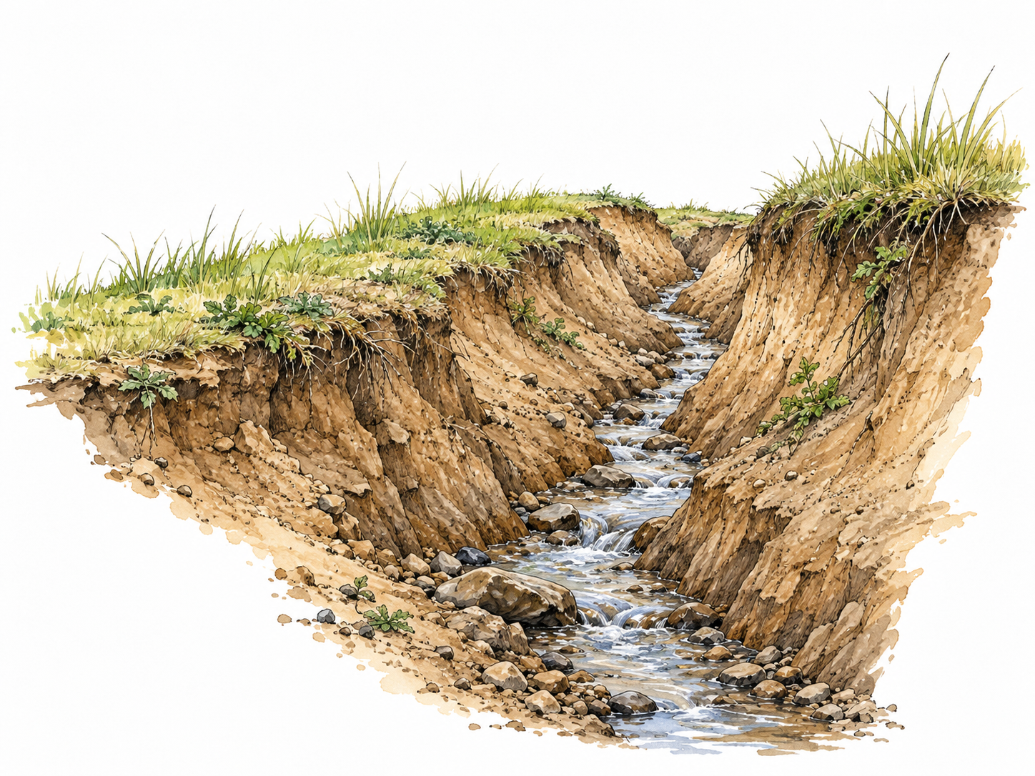 A narrow eroded channel cut through earth with small running stream at its base.