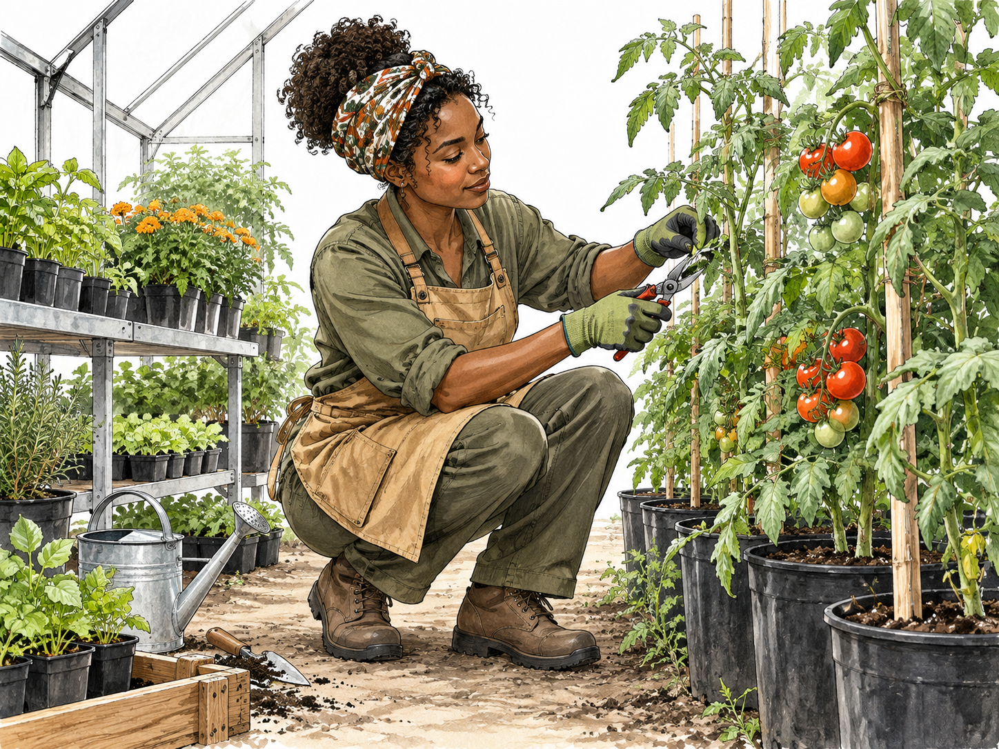 Black woman horticulturist pruning greenhouse tomato plants beside orderly nursery pots.