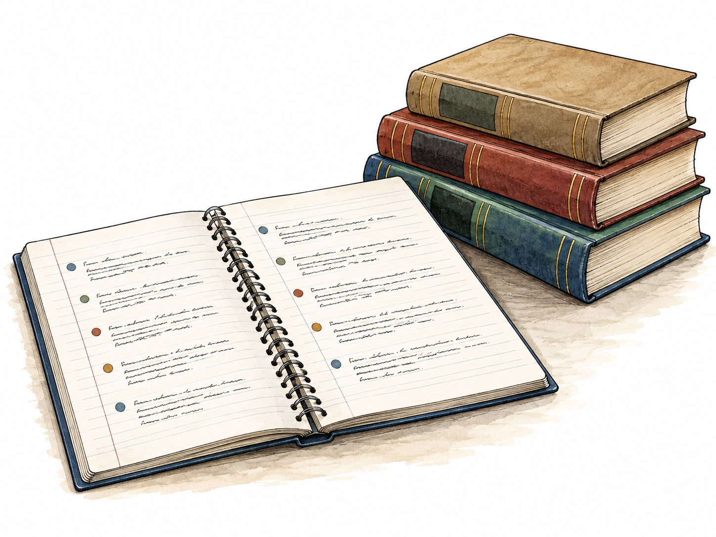 An open academic notebook contains a tidy short source-list layout with tiny illegible lines beside a stack of reference books, no readable text.