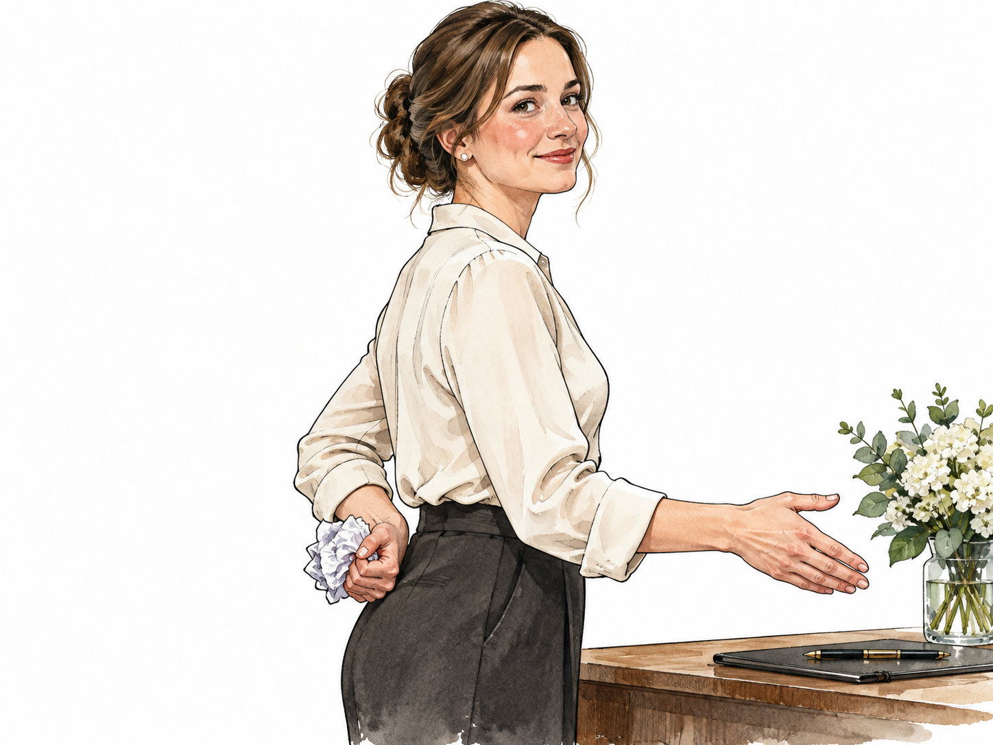 White woman smiles politely while hidden hand crumples paper behind her back, concealed anger.