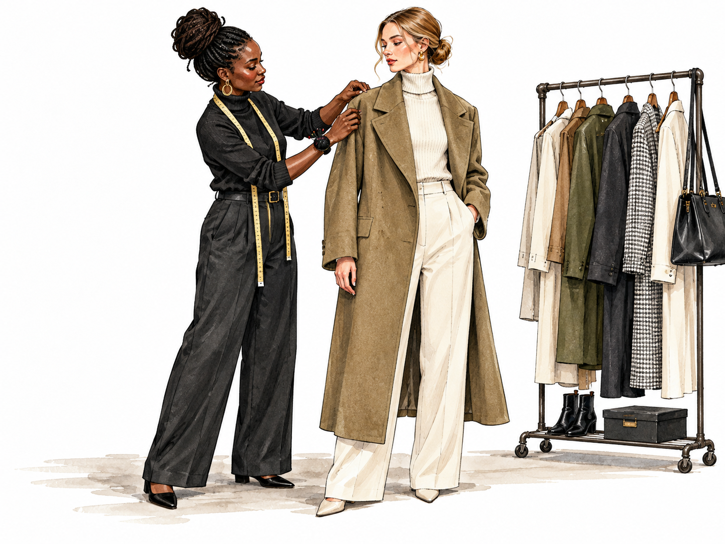A Black fashion designer adjusts a stylish contemporary coat on a white model, clothing rack nearby.