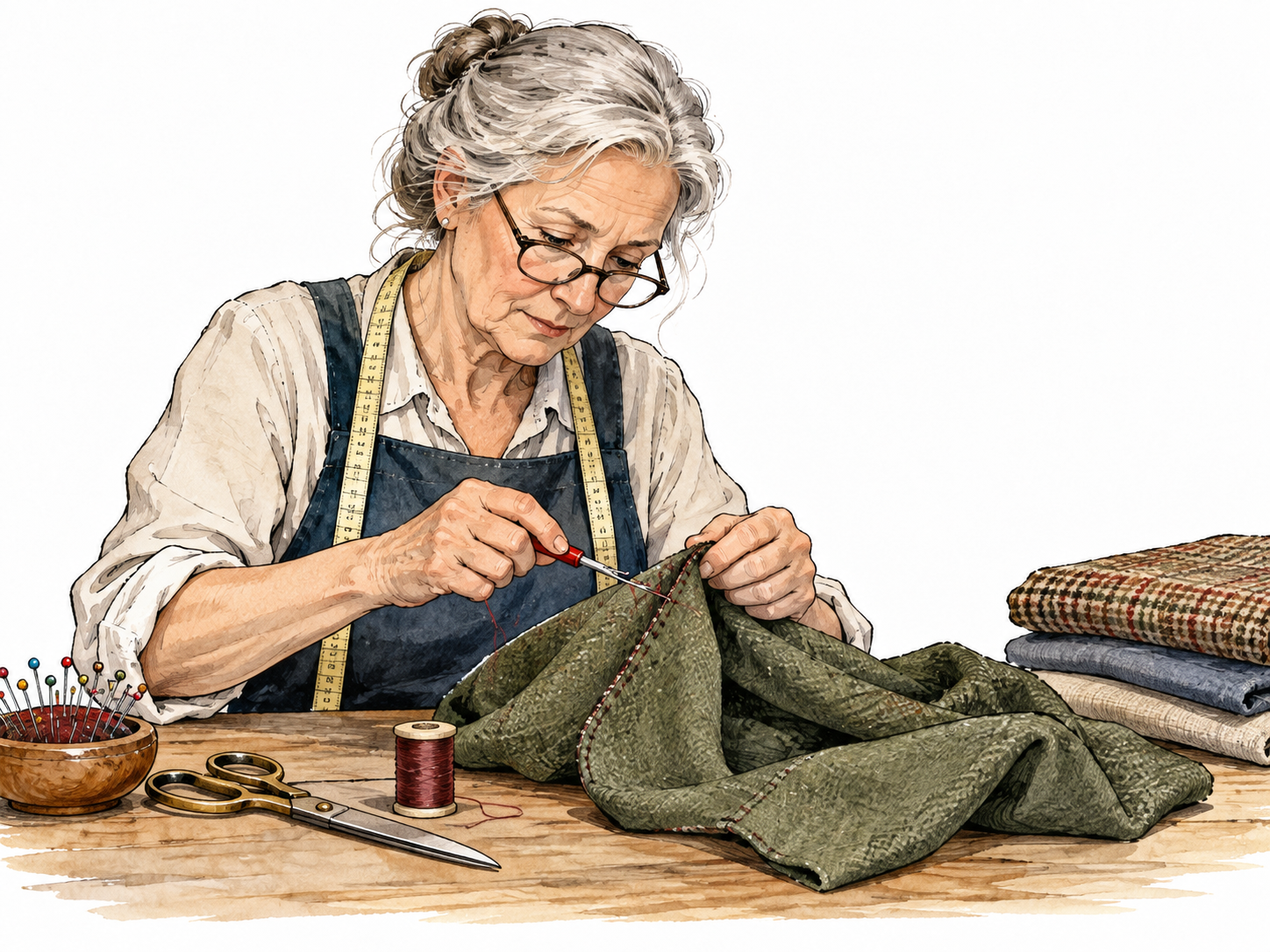 Older white woman tailor notices a misplaced stitch and carefully unpicks it, skilled person making ordinary mistake.