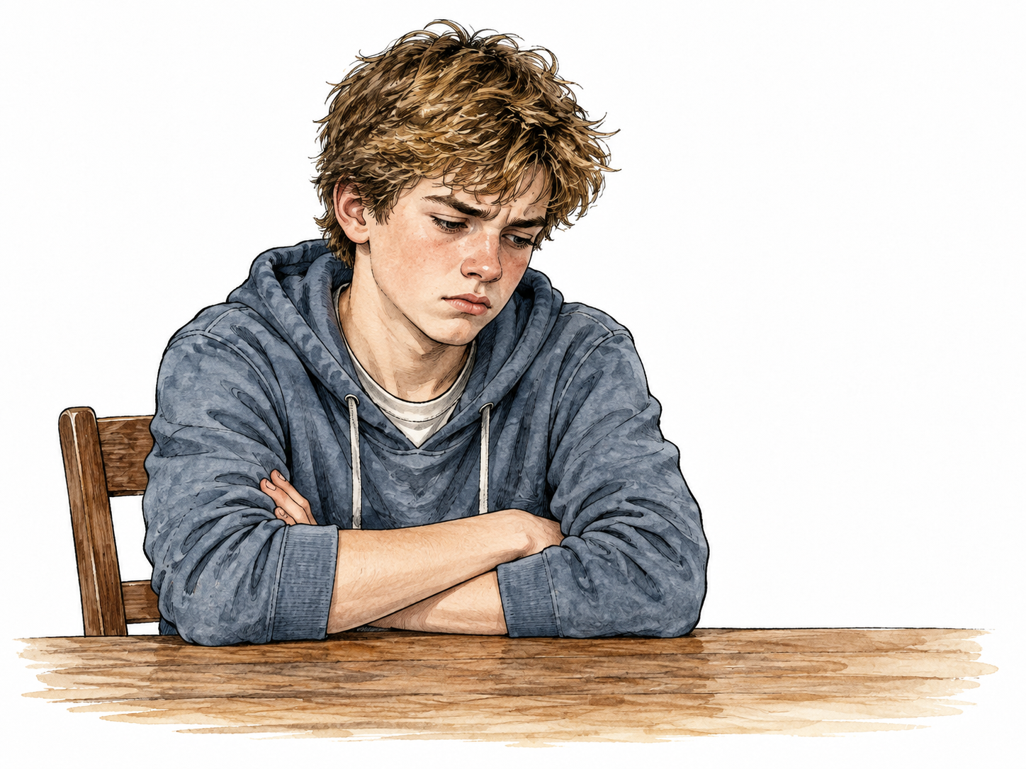 A white teenager sits silently with folded arms and downcast resentful expression at a table.