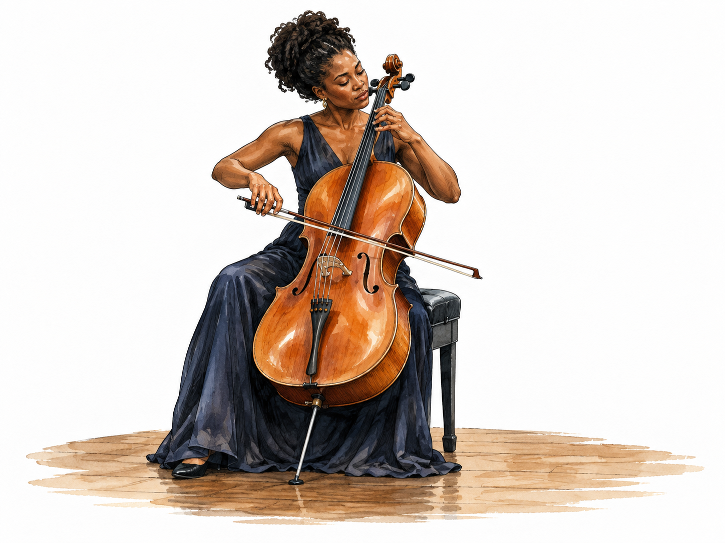 A Black woman plays cello alone on a small stage.