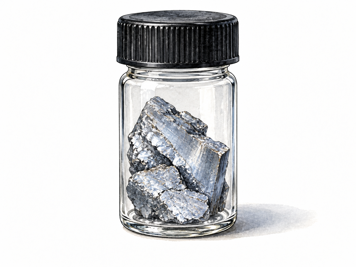 Bluish-silver metallic cadmium sample sealed in clear laboratory display vial, scientific still life.