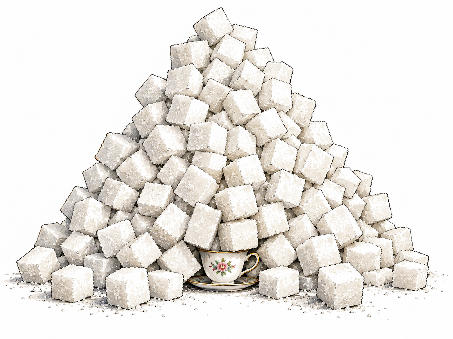 A tiny teacup under an absurdly enormous mound of sugar cubes, clearly far too much sugar.