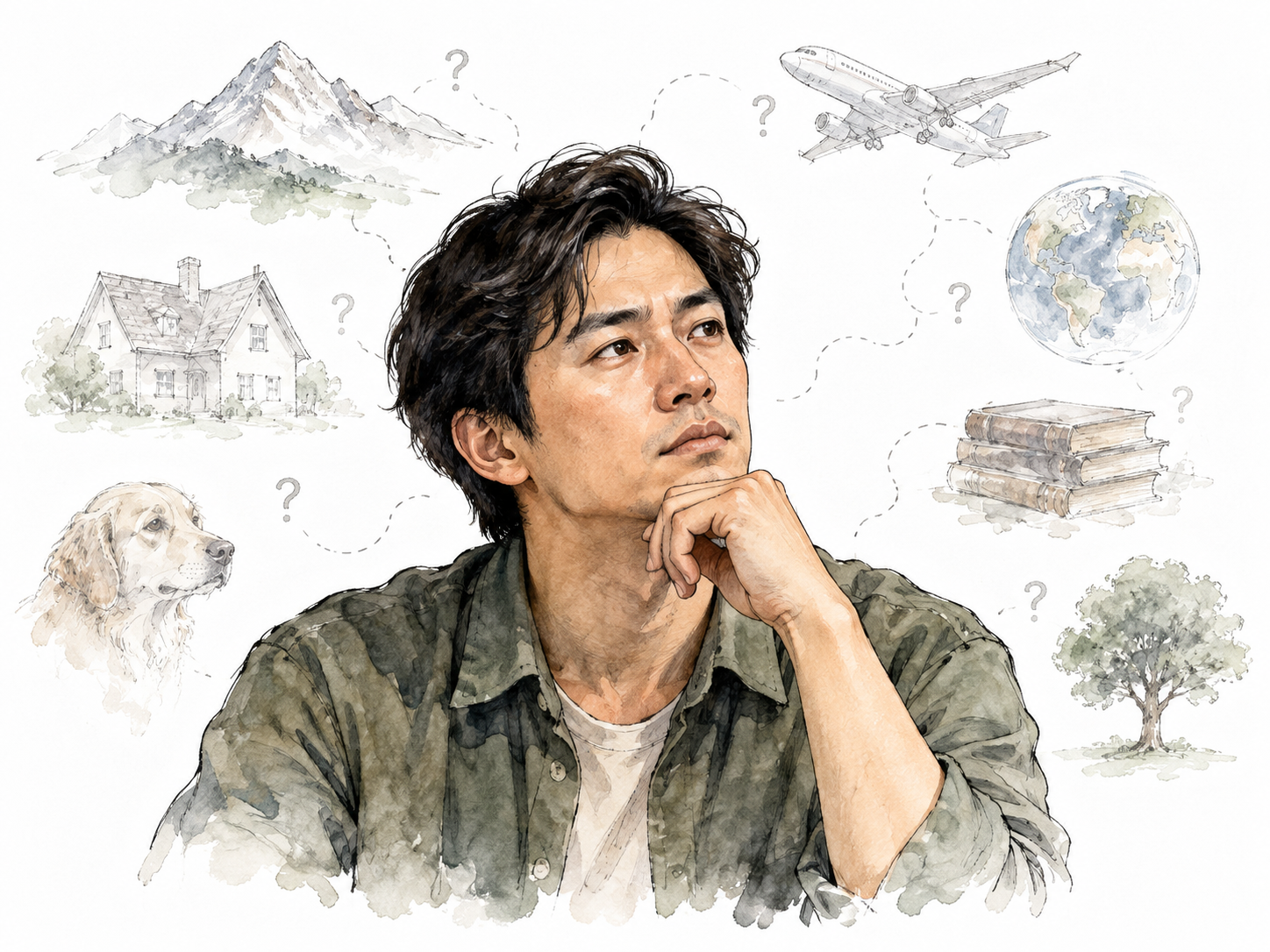 A contemplative East Asian adult's solid portrait surrounded by faint uncertain sketches of external objects, a philosophical visual metaphor for certainty only of one's own mind.
