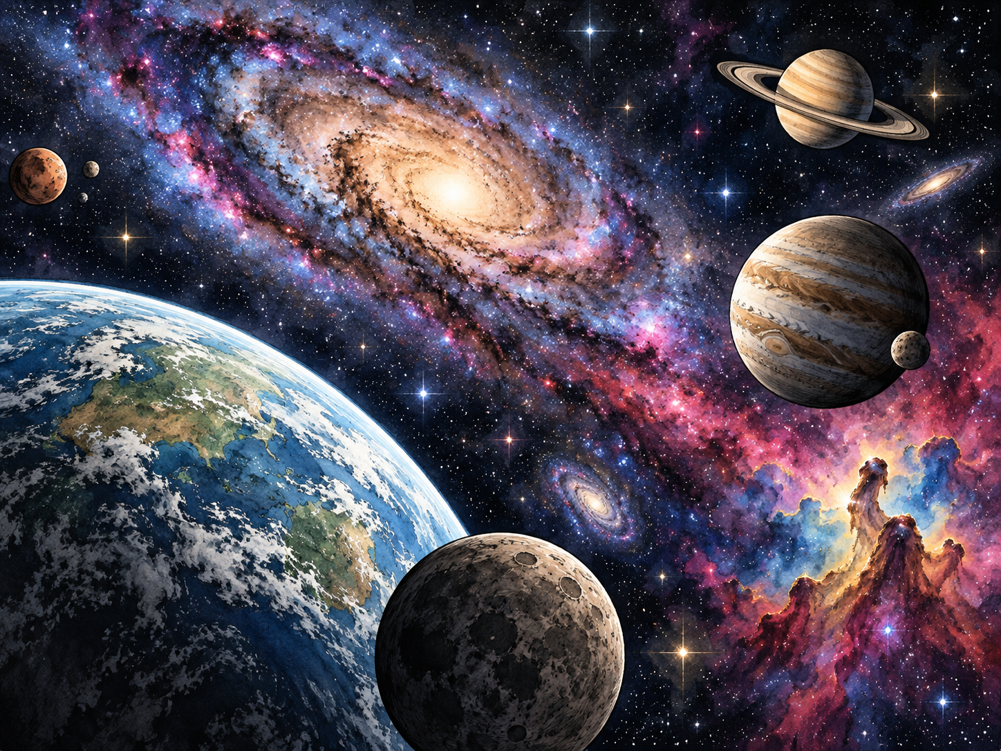 A sweep of stars, galaxies and nebulae with planets in foreground, immense cosmic space.