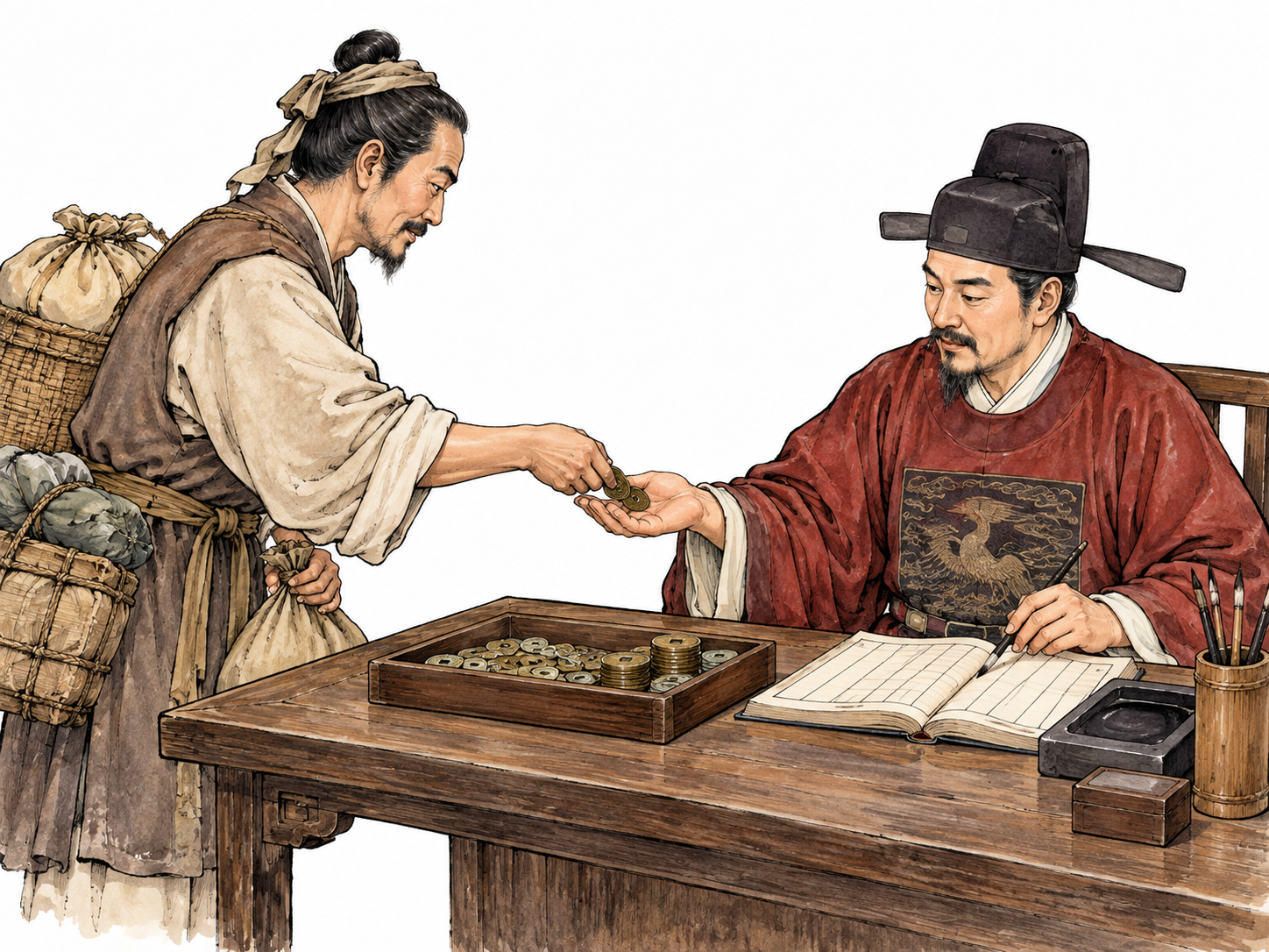 A historical tax collector receives coins from a merchant across a desk with ledger and coin tray; East Asian adults.