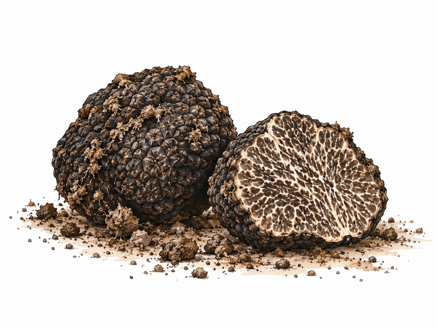 A freshly dug black truffle with one half exposing intricate marbled interior, soil flecks.