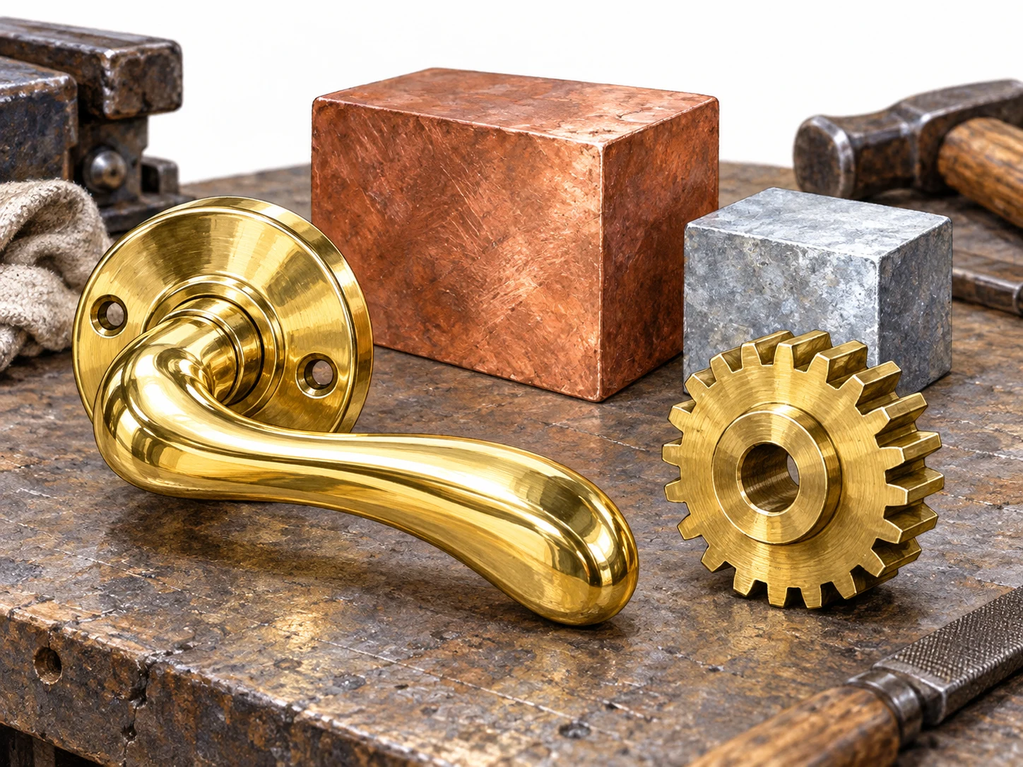 A polished yellow brass door handle and a brass gear lie beside a larger reddish copper sample and a smaller silvery zinc sample on a metalworking bench. Emphasize the finished yellow alloy.
