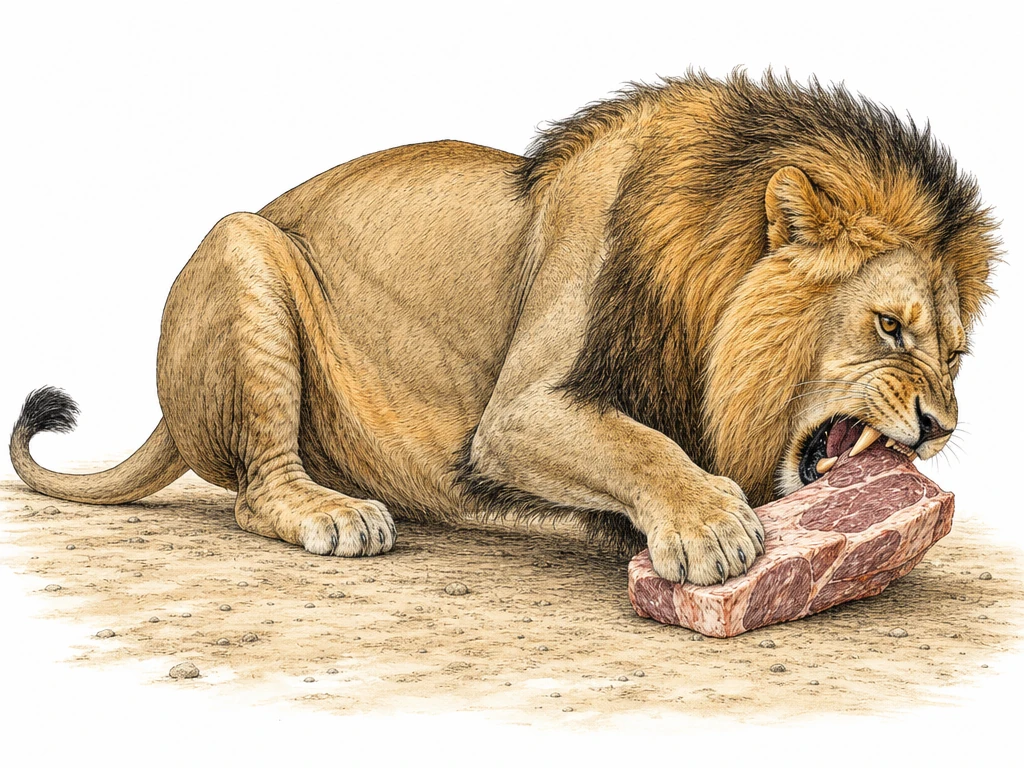 An adult lion crouches in side view, holding a thick piece of meat beneath one front paw and visibly biting into it. Keep the meat and open jaws prominent, with a plain sandy background, no blood, and no lettering.