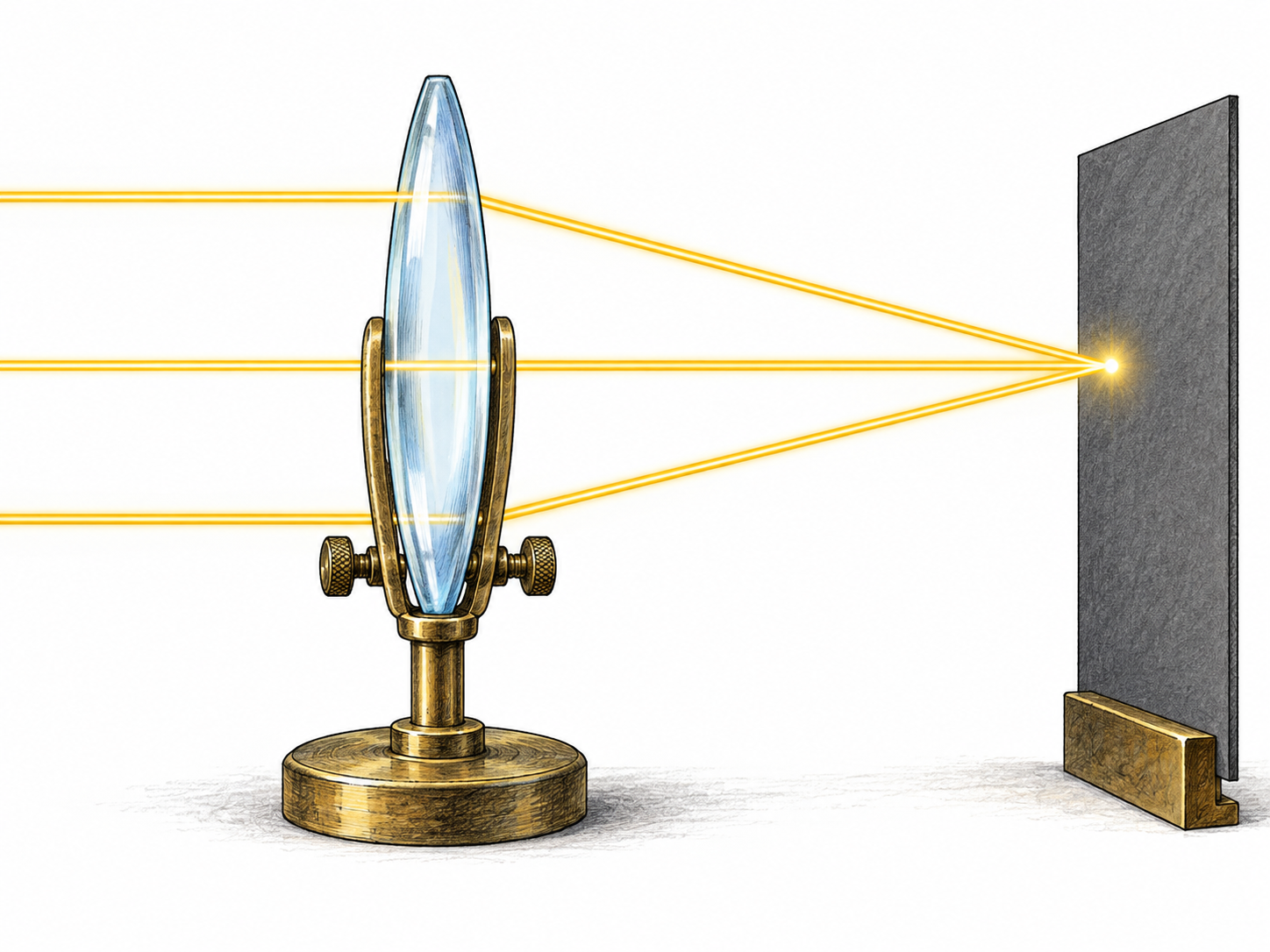 Parallel light rays pass through a convex lens and converge at one bright point on a card.