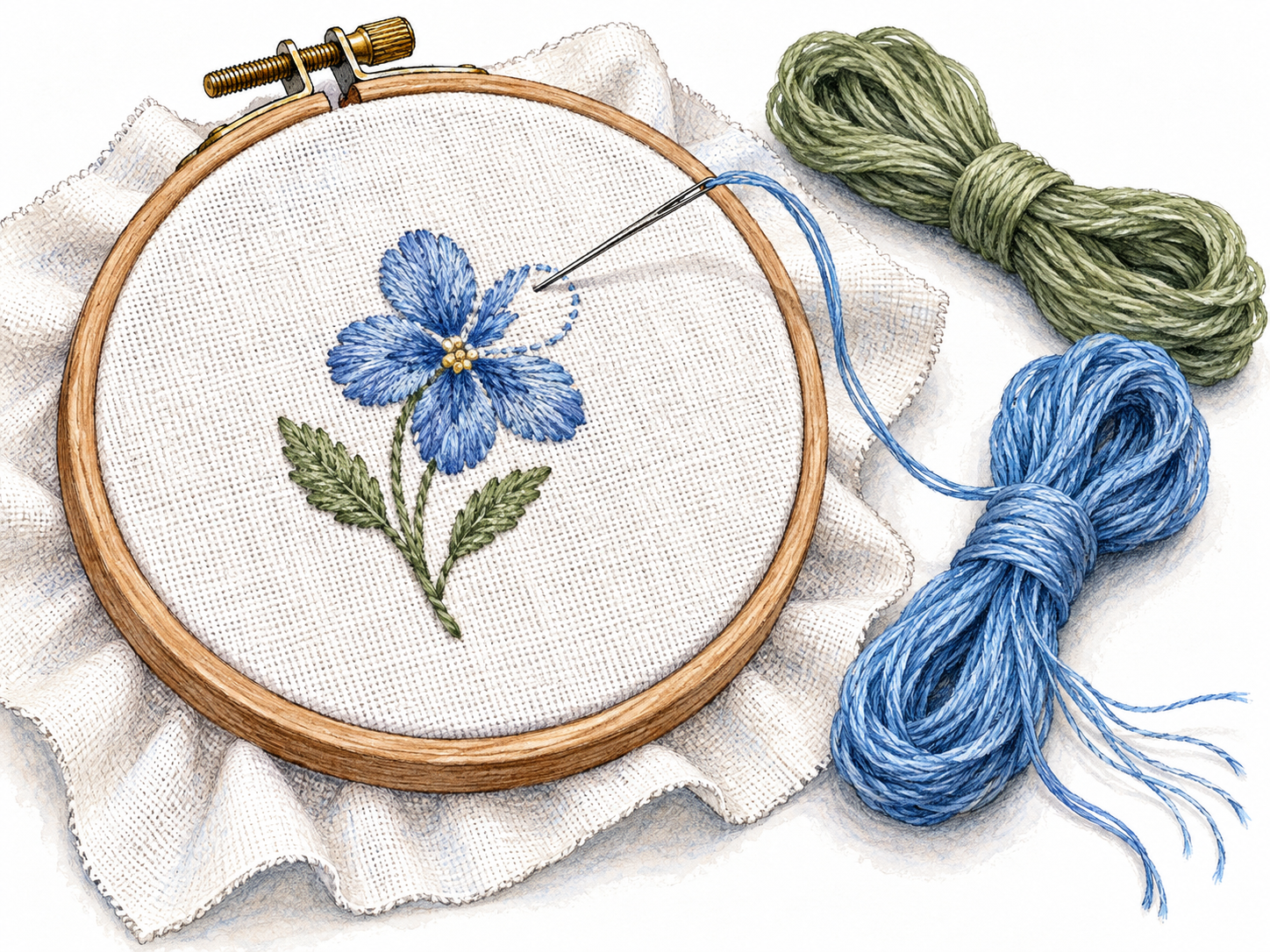 Blue embroidery floss runs through a needle beside a partly stitched flower in an embroidery hoop.