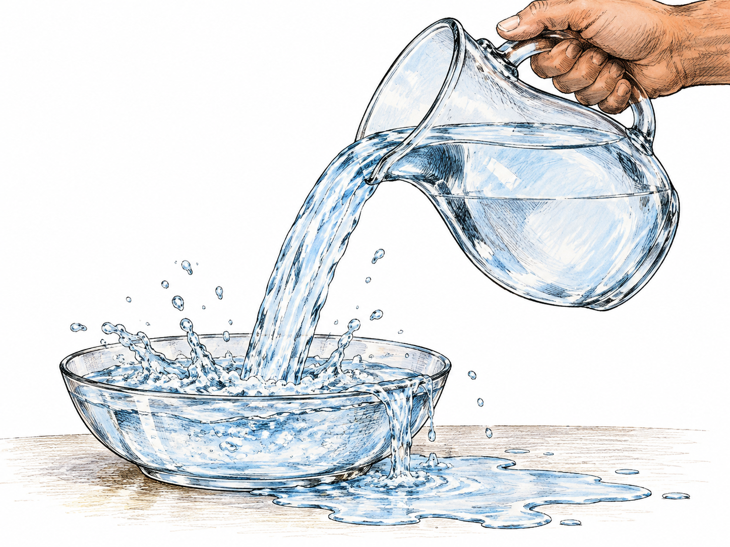 Water flows from a tilted pitcher into a bowl and spreads across the tabletop.