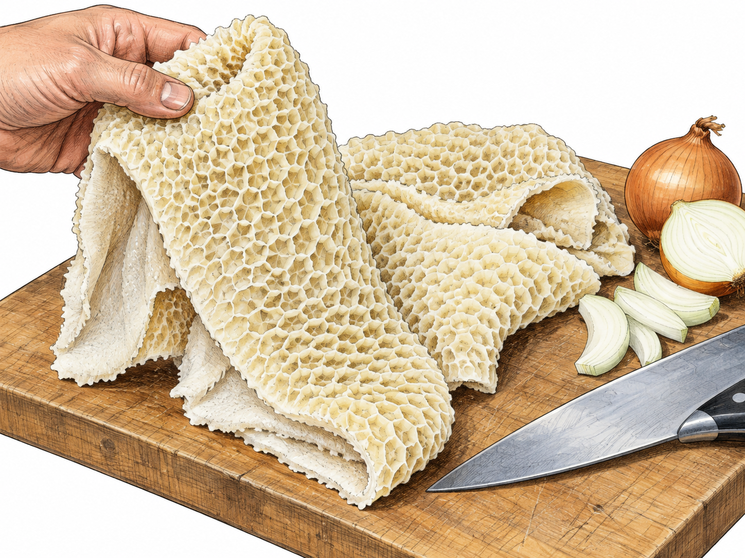 A hand holds cleaned honeycomb tripe above a cutting board beside onions and a knife.
