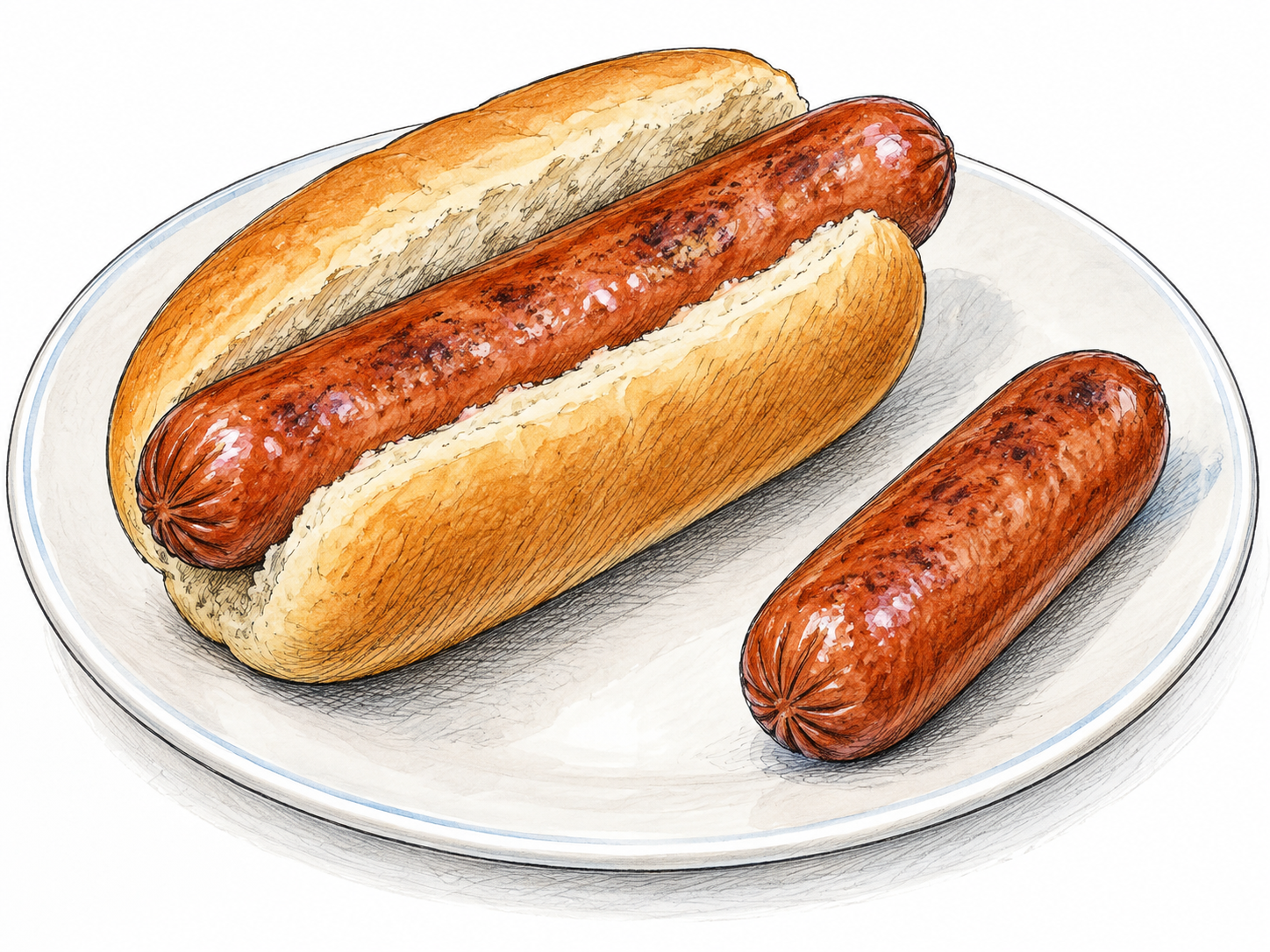 A cooked sausage rests in a split bun beside a smaller sausage.