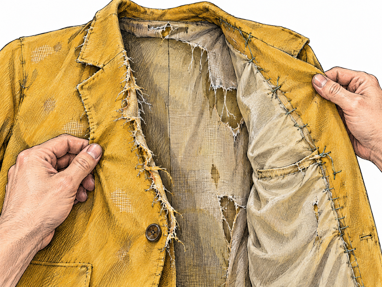 Hands open a shabbily made jacket to reveal ragged seams and flimsy lining.