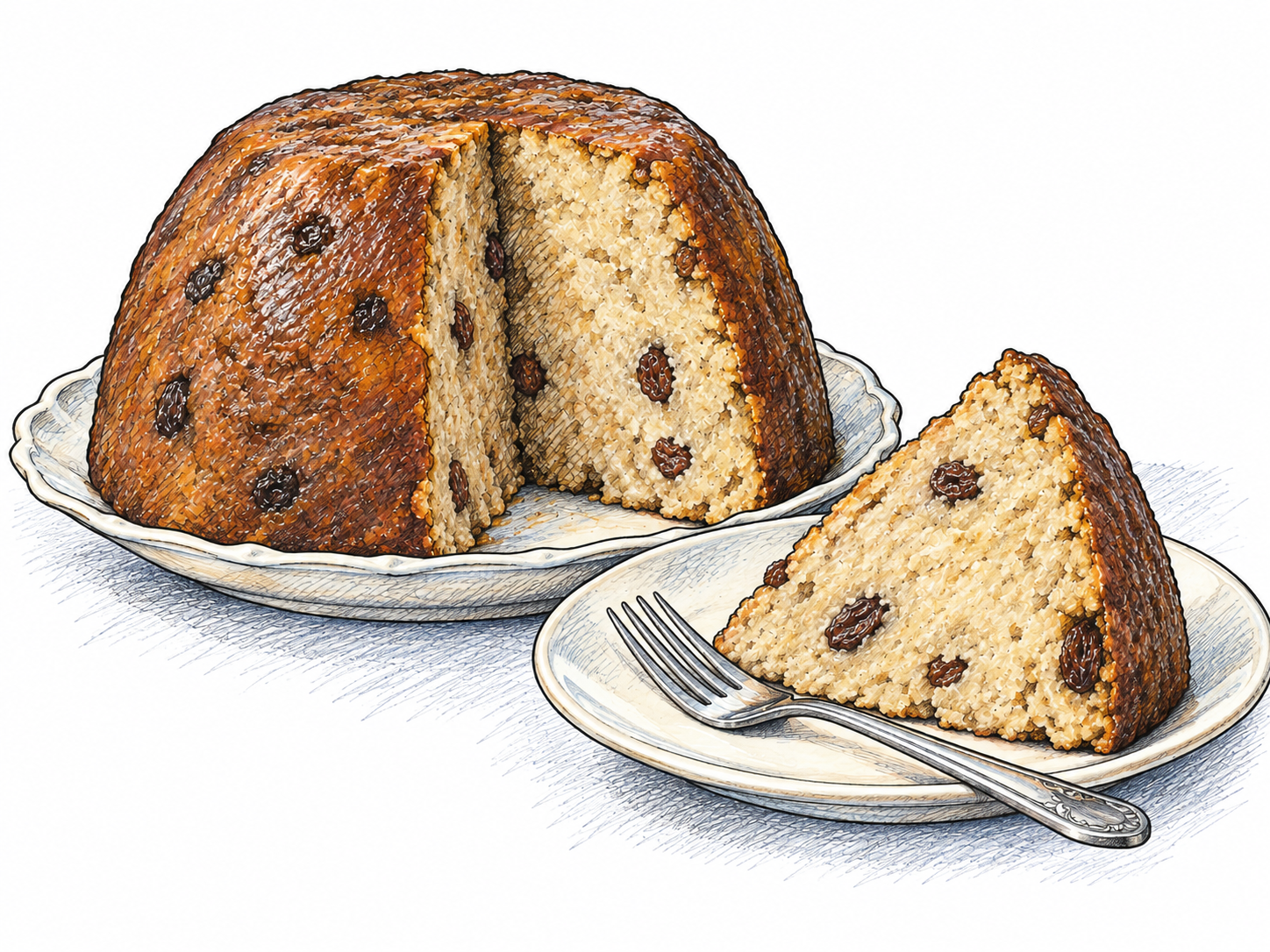 A thick dense pudding with a heavy wedge served on a plate.