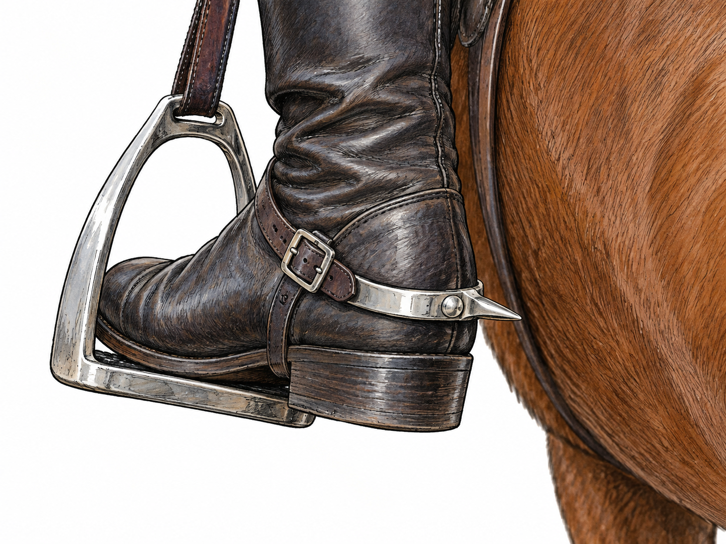 A short pointed metal spur is strapped around a riding boot's heel beside a horse.