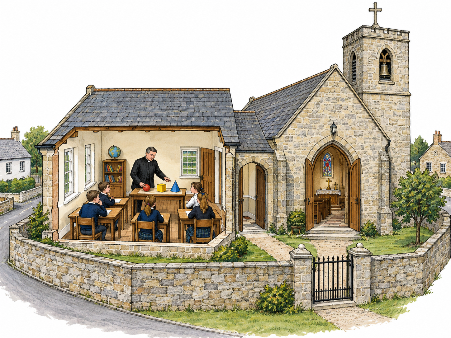 A clergy teacher teaches children in a school connected to a parish church.