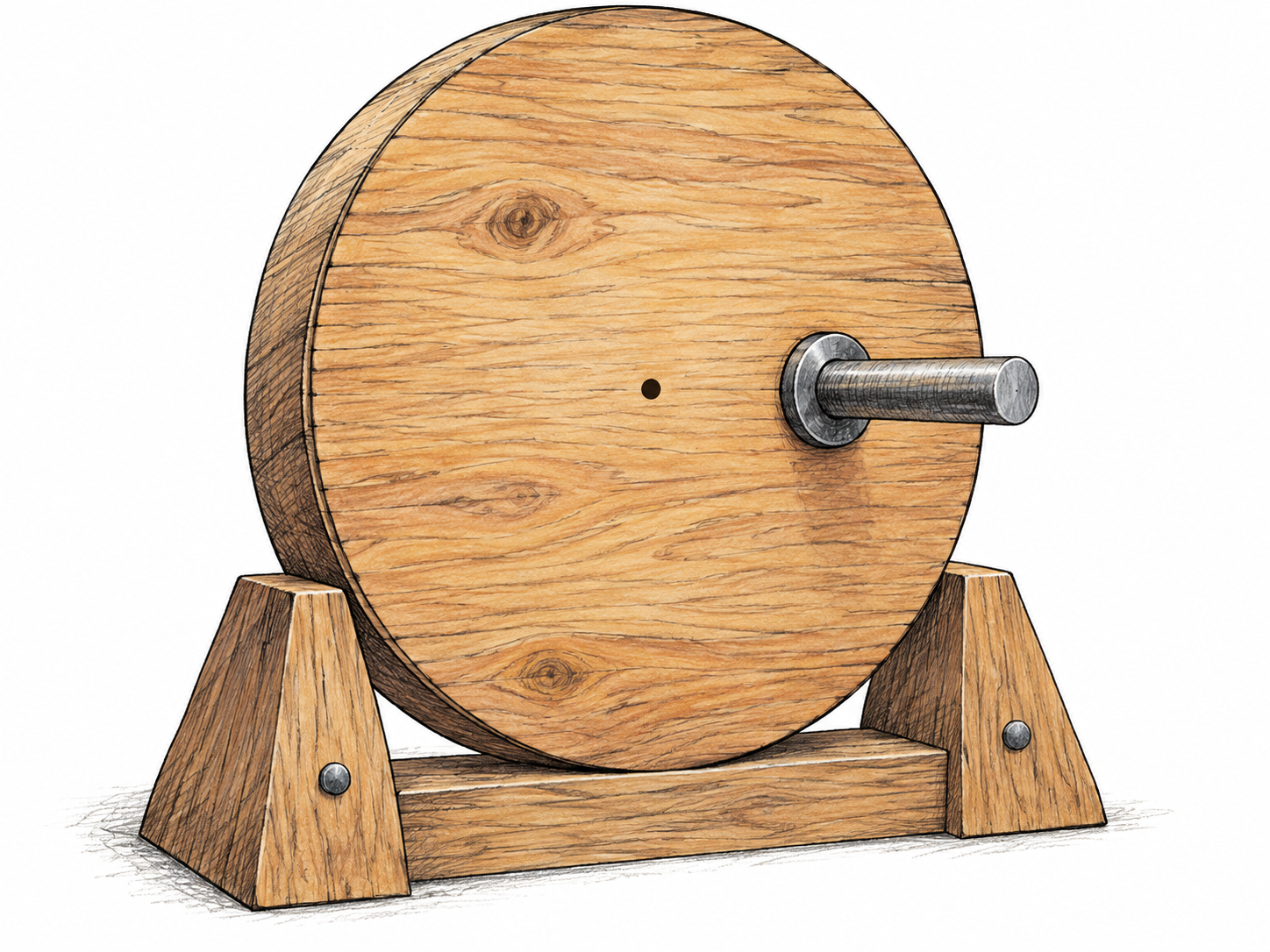 A simple machine wheel is mounted on a shaft visibly displaced from the wheel's geometric center; a subtle small center dot and the offset axle show the two centers.