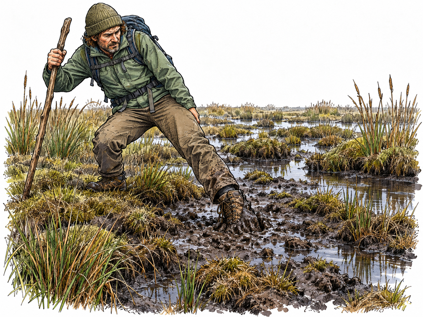 A hiker's boot sinks into soft marsh mud among shallow pools and grass tussocks.